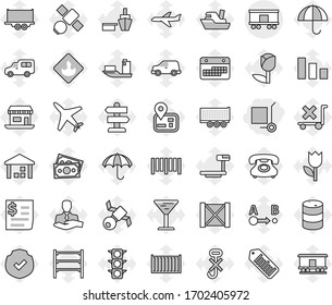 Editable thin line isolated vector icon set - cargo stoller, railroad shipping, signpost vector, navigator, office, plane, satellite, money, traffic light, phone, client, ship, truck trailer, car