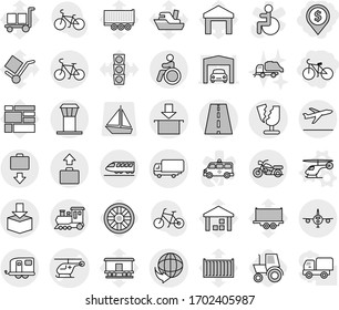 Editable thin line isolated vector icon set - dollar pin, bike, ambulance helicopter vector, road, delivery, shipping, package, broken, plane, train, trailer, motorcycle, airport tower, baggage get