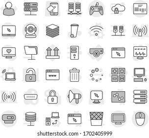 Editable thin line isolated vector icon set - calculator, invoice, loudspeaker, surveillance camera, laptop wifi vector, server, data transfer, computer, wireless, analytics, browser window, support