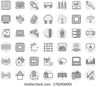 Editable thin line isolated vector icon set - market scales, bar code, pacemaker vector, map, surveillance camera, cpu, antenna, wireless, setup, router, circuit, pen, notebook pc, laptop graph