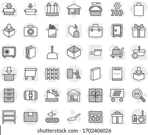 Editable thin line isolated vector icon set - gift, shopping bag, box, cashbox, delivery, doctor vector, archive, package, cargo top sign, courier, pallet, rack, conveyor, scoop, washing powder