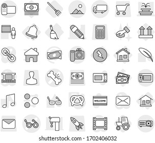 Editable thin line isolated vector icon set - broken bone vector, pacemaker, pencil, fountain, shipping, landscape, home, electricity, broom, bell, pretzel, fork, tractor, welcome mat, wiping, pen