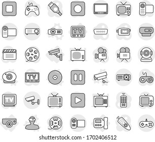 Editable thin line isolated vector icon set - surveillance, intercome, camera, tv, web vector, vr helmet, projector, cd, cinema clap, film spool, gamepad, video, remote control, play button, pause