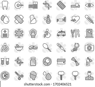 Editable thin line isolated vector icon set - ambulance star vector, doctor case, hospital bed, disabled, heart pulse, thermometer, vial, eye, dna, pregnancy, insemination, scissors, broken bone