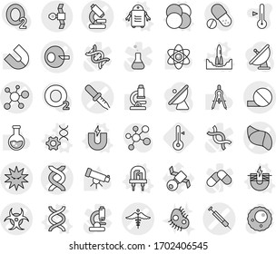 Editable thin line isolated vector icon set - dna vector, artificial insemination, pipette, pill, microscope, virus, biohazard, liver, syringe, ambulance sign, satellite, atom core, magnet, electric