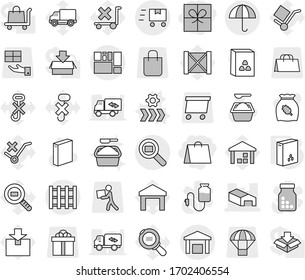 Editable thin line isolated vector icon set - gift, shopping bag, warehouse, consolidated cargo, dry, search, pallet, fast deliver, conveyor vector, cereals, washing powder, cereal, delivery, hook