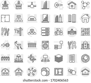 Editable thin line isolated vector icon set - home, hospital vector, virus, greate wall, bridge, mansion, skyscrapers, skyscraper, houses, hangare, modern architecture, modular house, building, plan