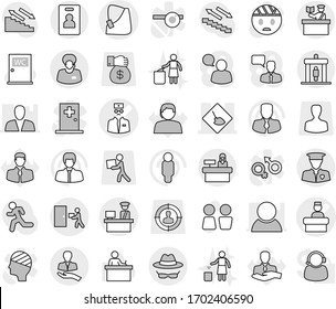 Editable thin line isolated vector icon set - broken hand vector, doctor, hospital recieption, under construction, client, support manager, customs control, courier delivery, security man, detector