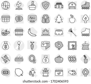 Editable thin line isolated vector icon set - market, flower, crutch vector, monitor pulse, sperm, hospital recieption, barn, bed, stadium, location details, protected, life vest, in window, carrot