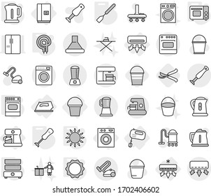 Editable thin line isolated vector icon set - air conditioning, iron, washing machine, fridge, bucket, mixer, coffee maker, kettle, spatula, grill oven, gas, elecric, induction, double boiler, board