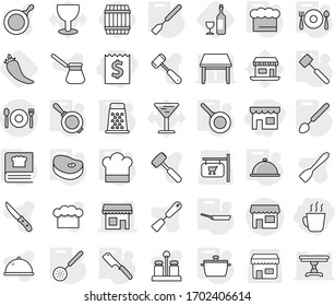 Editable thin line isolated vector icon set - receipt, shop, hot drink, cafe, pan, cook hat, chief, skimmer, spatula, big spoon, chef knife, meat hammer, cooking book, fork plate, grater, meal cap