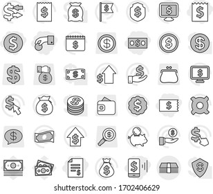 Editable thin line isolated vector icon set - hand coin, dollar, money, receipt, account balance, mobile pay, exchange vector, cash, bag, piggy bank, investment, growth, medal, flag, shield, monitor