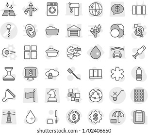 Editable thin line isolated vector icon set - pills blister vector, sperm, garage, do not trolley sign, insurance, drop, blocks, atom core, photon, scraper, water, car fetlock, toilet brush, washer