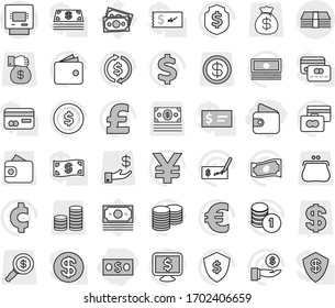 Editable thin line isolated vector icon set - money, wallet, atm, exchange vector, dollar coin, credit card, cash, investment, stack, check, shield, monitor, euro sign, pound, yen, cent, magnifier