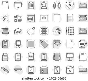 Editable thin line isolated vector icon set - shop signboard, pacemaker vector, presentation, clipboard, check, inventory, pallet, surfer, cutting board, stairs, magnetic field, chip, circuit, list