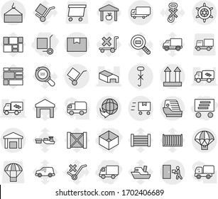 Editable thin line isolated vector icon set - box, delivery, cargo stoller, warehouse, shipping, loading crane, package, trolley, top sign, do not hook, courier, parachute, fast deliver, handwheel