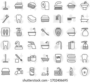 Editable thin line isolated vector icon set - wc, tooth vector, uv cream, sink, bath, washing, towel, water tap, fetlock, mop, sponge, car, toilet brush, liquid soap, paper, shower, with foam