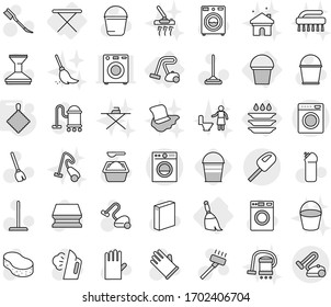 Editable thin line isolated vector icon set - iron board, broom, bucket, vacuum cleaner, plate washing, rag, vector, mop, sponge, car fetlock, steaming, washer, powder, cleaning agent, rubber glove