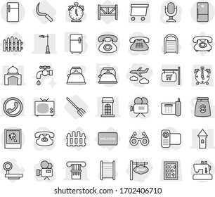 Editable thin line isolated vector icon set - shop signboard, journey, column, tower, building, minaret, outdoor light, phone, photo, fence, welcome mat, kettle, fridge, fork, sickle, farm, glasses