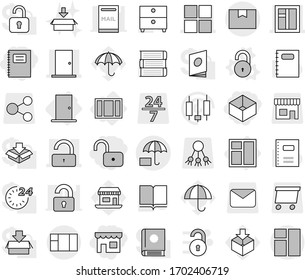 Editable thin line isolated vector icon set - unlock, shop, box, copybook, window, door, package, insurance, vector, book, archive, japanese candle, office, umbrella, share, 24 7, mail, delivery