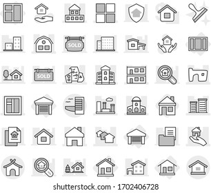 Editable thin line isolated vector icon set - home, cottage, mansion, houses, slum, modern architecture, modular house, window, building, district, city, real estate, hotel, bungalow, garage, chalet