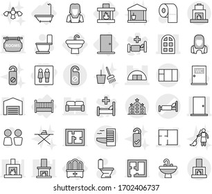 Editable thin line isolated vector icon set - wc, hospital bed vector, hangare, door, arch window, plan, hotel, do not distrub, sink, bath, dresser, crib, fireplace, toilet, paper, water closet