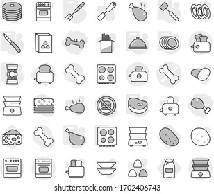 Editable thin line isolated vector icon set - chicken leg, bone, vector, toaster, big fork, knife, meat hammer, hob, plates, meal cap, pasta, steake, pancakes, flour, potato, cheese, spatula, oven