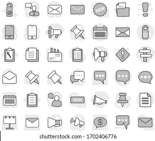 Editable thin line isolated vector icon set - megafon, loudspeaker, singlepost, sms, calendar, document, do not distrub, paper pin vector, clipboard, billboard, mail, message, money, mobile phone