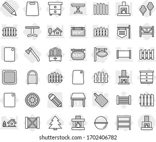 Editable thin line isolated vector icon set - pencil, shop signboard, fence, table, nightstand, chest of drawers, dresser, rack, cutting board, fireplace, trees, axe, wheel, farm, spruce, wood box