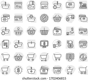Editable thin line isolated vector icon set - cart, add to, basket, hand coin, account balance, remove from, delete, credit card, shop, vector, investment, dollar medal, monitor, target audience