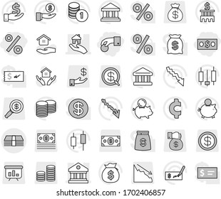 Editable thin line isolated vector icon set - hand coin, money, percent, library, real estate, house hold vector, bank, japanese candle, crisis, bag, piggy, investment, stack, check, building, gift
