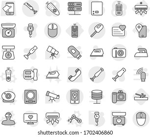 Editable thin line isolated vector icon set - mobile location, air conditioning, remote control, intercome, vector, web camera, vr helmet, robot hand, kitchen scales, handle, soil cutter, iron
