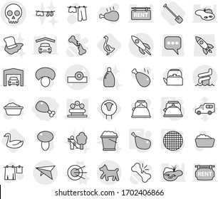 Editable thin line isolated vector icon set - chicken leg, head reflector vector, skull, flower bed, rocket, deltaplane, aquapark, dog, satellite, kettle, sieve, sheep, shovel, goose, drying clothes
