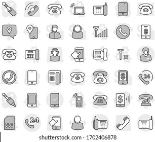 Editable thin line isolated vector icon set - mobile pay, phone, 24, support manager, checking, intercome, vector, laptop wifi, office, touchscreen, sim card, antenna signal, no, traking, call, jack