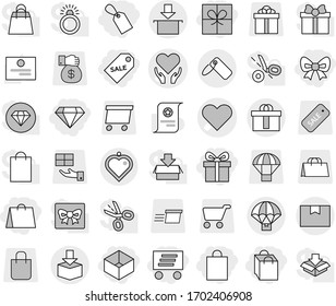 Editable thin line isolated vector icon set - gift, bow, shopping bag, box, label, sale, delivery, diamond, heart vector, health care, package, hi quality, parachute, pendant, certificate, cart