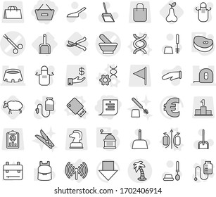 Editable thin line isolated vector icon set - remove from basket, shopping list, mortar vector, surgical clamp, measuring tape, stadium, palm, wireless, scoop, magnetic field, dna, edit, usb flash