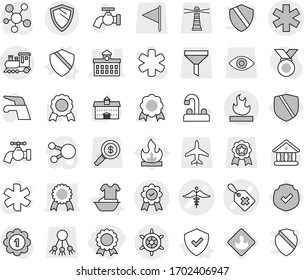 Editable thin line isolated vector icon set - medal, ambulance star vector, medical label, sign, university, flammable, train, shield, handwheel, water tap, handle washing, protected, lighthouse