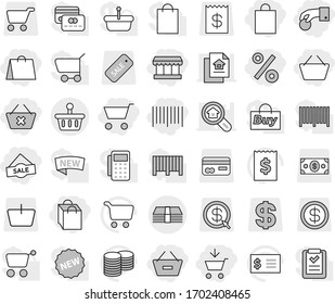 Editable thin line isolated vector icon set - cart, add to, basket, hand coin, remove from, delete, market, shopping bag, sale, percent, bar code, money, vector, stack, receipt, card, dollar, arrow