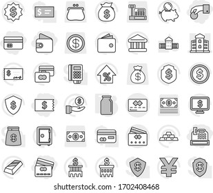 Editable thin line isolated vector icon set - hand coin, credit card, receipt, wallet, cashbox, building, bank, school vector, dollar, gold ingot, percent growth, money bag, piggy, investment, check