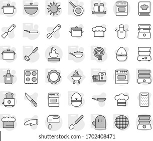 Editable thin line isolated vector icon set - flammable, bbq, pan, cauldron, chief hat, apron, cook glove, egg timer, whisk, big spoon, toaster, gas oven, elecric, induction, double boiler, sieve