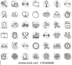 Editable thin line isolated vector icon set - t shirt, stopwatch, dome house, car baggage, motorcycle, diving mask, tennis, golf, windsurfing, inflatable pool, award cup vector, barbell, weight, run