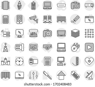 Editable thin line isolated vector icon set - market scales, equalizer, calculator, spark plug, pacemaker vector, castle, mobile location, bar code, camera, remote control, intercome, surveillance