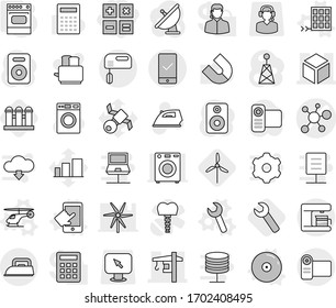 Editable thin line isolated vector icon set - calculator, virus vector, 3d, tower crane, mobile checking, helicopter, touchscreen, wrench, cd, solar panel, oven, windmill, grain elevator, iron, gear