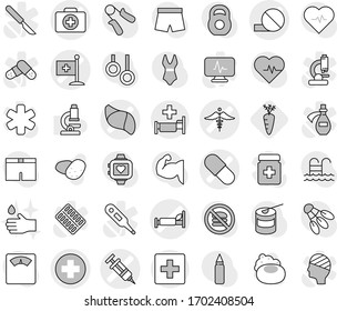 Editable thin line isolated vector icon set - medical cross vector, syringe, doctor case, pill, hospital bed, liver, flag, ambulance sign, first aid, carrot, soap, hand drop, potato, microscope