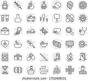 Editable thin line isolated vector icon set - medical patch vector, pill, ambulance car, tooth implant, intestines, liver, virus, hospital recieption, cross, mortar, pills bottle, syringe, flask