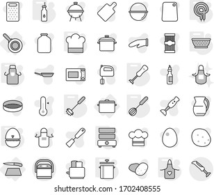 Editable thin line isolated vector icon set - cutting board, pan, vegetable oil, colander, cook hat, apron, egg timer, whisk, elecric oven, double boiler, blender, vector, camping cauldron, glove