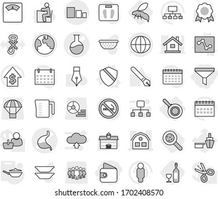 Editable thin line isolated vector icon set - wallet, funnel, flask vector, stomach, house, sorting, earth, globe, pan, shield, analytics, viruses, wasp, wine, colander, measuring cup, plates, pen