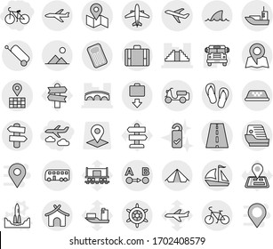 Editable thin line isolated vector icon set - journey, bike, pyramid, bridge, road, map, route a to b, plane, sea shipping, scooter, bus, sail boat, taxi, suitcase, airplane, baggage get, bungalow