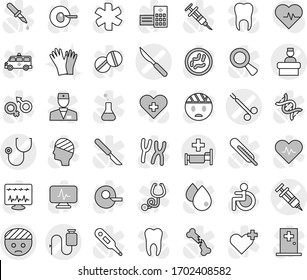 Editable thin line isolated vector icon set - bandaged head vector, syringe, stethoscope, dropper, scalpel, hospital recieption, surgical clamp, gloves, heart pulse, ambulance star, disabled, cross