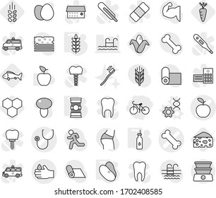Editable thin line isolated vector icon set - bike, stethoscope vector, bone, apple, acid, dna edit, vegetable oil, pasta, spikelets, beans, honeycombs, corn, fish, carrot, cheese, tooth brush, egg
